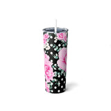 Skinny Tumbler, 20oz-Magenta Pink Floral-White Polka Dots-Black