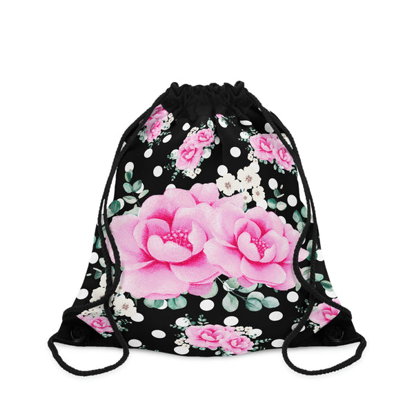 Drawstring Bag-Magenta Pink Floral-White Polka Dots-Black