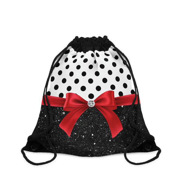 Drawstring Bag-Glam Red Bow-Black Polka Dots-Black Glitter
