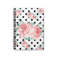 Small Spiral Notebook, 6x8in-Lush Pink Floral-Black Polka Dots-White