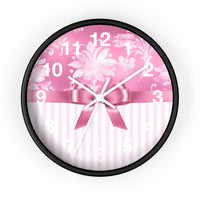 Wall Clock-Glam Pink Bow-Pink White Stencil-Pink White Pinstripes