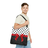 Tote Bag-Glam Red Bow-Black Polka Dots-Black Glitter