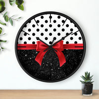Wall Clock-Glam Red Bow-Black Polka Dots-Black Glitter