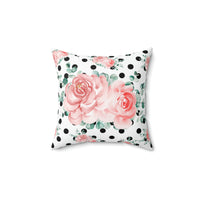 Square Pillow-Lush Pink Floral-Black Polka Dots-White