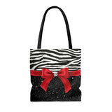 Tote Bag-Glam Red Bow-Zebra-Black Glitter