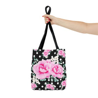 Tote Bag-Magenta Pink Floral-White Polka Dots-Black