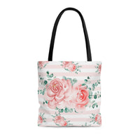 Tote Bag-Lush Pink Floral-Pink Horizontal Stripes-White