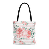 Tote Bag-Lush Pink Floral-Pink Horizontal Stripes-White