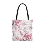 Tote Bag-Soft Pink Floral Mauve-Horizontal Stripes-White