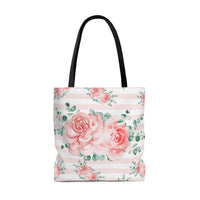 Tote Bag-Lush Pink Floral-Pink Horizontal Stripes-White