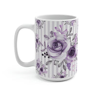 Coffee Mug 15oz-Soft Purple Floral-Purple Pinstripes-White