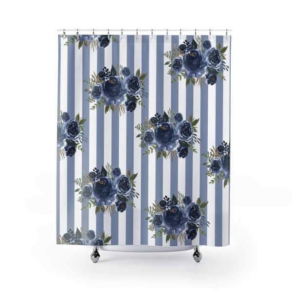 Shower Curtains-Stormy Blue-Floral Pinstripes