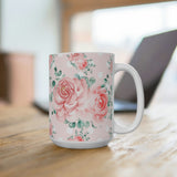 Coffee Mug 15oz-Lush Pink Floral-White Polka Dots-Pink