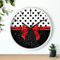 Wall Clock-Glam Red Bow-Black Polka Dots-Black Glitter