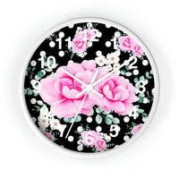 Wall Clock-Magenta Pink Floral-White Polka Dots-Black