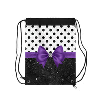 Drawstring Bag-Glam Purple Bow-Black Polka Dots-Black Glitter