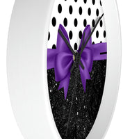 Wall Clock-Glam Purple Bow-Black Polka Dots-Black Glitter