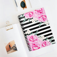 Small Spiral Notebook, 6x8in-Magenta Pink-Floral Bash-Black Horizontal Stripes-White