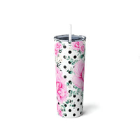 Skinny Tumbler, 20oz-Magenta Pink Floral-Black Polka Dots-White