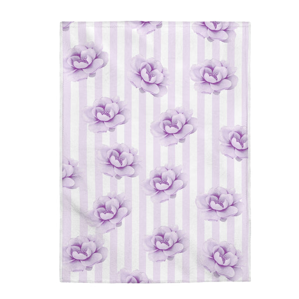 Velveteen Plush Blanket-Purple Lilac-Floral Pinstripes