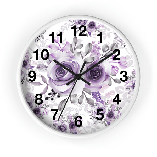 Wall Clock-Soft Purple-Floral Stencil-White