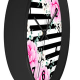 Wall Clock-Magenta Pink-Floral Bash-Black Horizontal Stripes-White