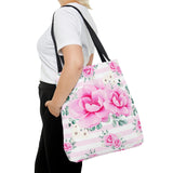 Tote Bag-Magenta Pink Floral-Pink Horizontal Stripes-White