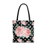 Tote Bag-Lush Pink Floral-White Polka Dots-Black