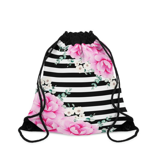 Drawstring Bag-Magenta Pink-Floral Bash-Black Horizontal Stripes-White