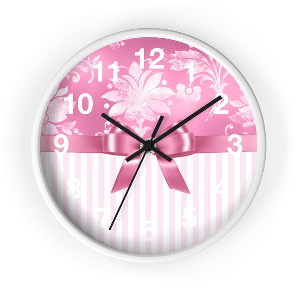 Wall Clock-Glam Pink Bow-Pink White Stencil-Pink White Pinstripes