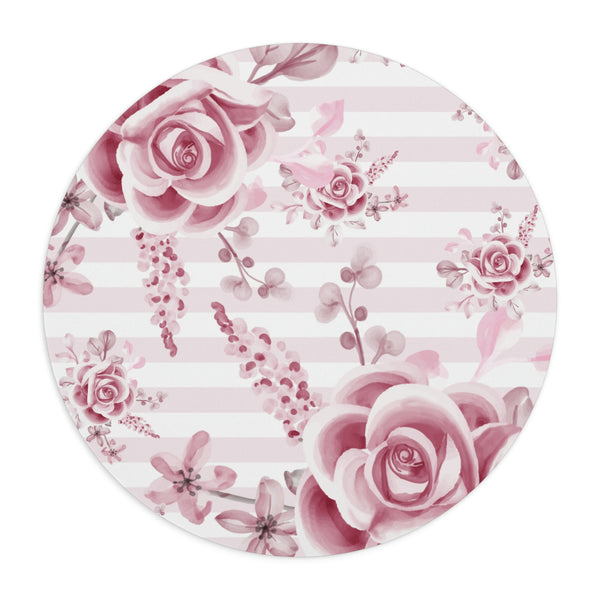 Mouse Pad-Soft Pink Floral Mauve-Horizontal Stripes-White