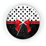 Wall Clock-Glam Red Bow-Black Polka Dots-Black Glitter