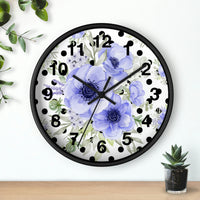 Wall Clock-Soft Blue Floral-Black Polka Dots-White