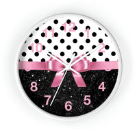 Wall Clock-Glam Pink Bow-Black Polka Dots-Black Glitter