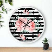 Wall Clock-Lush Pink Floral-Black Horizontal Stripes-White