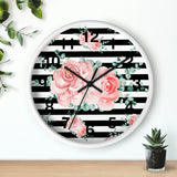 Wall Clock-Lush Pink Floral-Black Horizontal Stripes-White