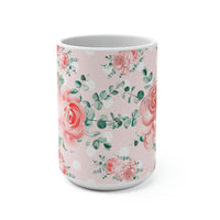 Coffee Mug 15oz-Lush Pink Floral-White Polka Dots-Pink