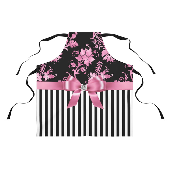 Apron-Glam Pink Bow-Pink Stencil-Black White Pinstripes
