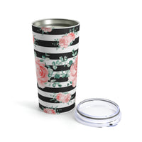 Tumbler 20oz-Lush Pink Floral-Black Horizontal Stripes-White