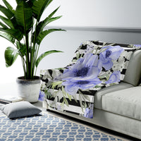 Velveteen Plush Blanket-Soft Blue Floral-Black Horizontal Stripes-White