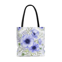 Tote Bag-Soft Blue Floral-Blue Stencil-White