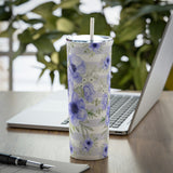 Skinny Tumbler, 20oz-Soft Blue Floral-Soft Blue Horizontal Stripes-White