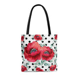 Tote Bag-Rouge Red Floral-Black Polka Dots-White