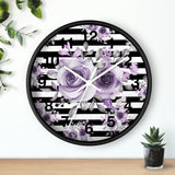 Wall Clock-Soft Purple Floral-Black Horizontal Stripes-White