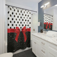 Shower Curtains-Glam Red Bow-Black Polka Dots-Black Glitter