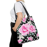 Tote Bag-Magenta Pink Floral-White Polka Dots-Black