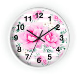 Wall Clock-Magenta Pink Floral-Pink Horizontal Stripes-White