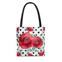 Tote Bag-Rouge Red Floral-Black Polka Dots-White