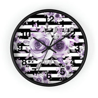 Wall Clock-Soft Purple Floral-Black Horizontal Stripes-White