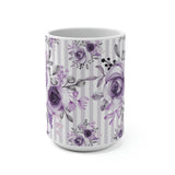 Coffee Mug 15oz-Soft Purple Floral-Purple Pinstripes-White